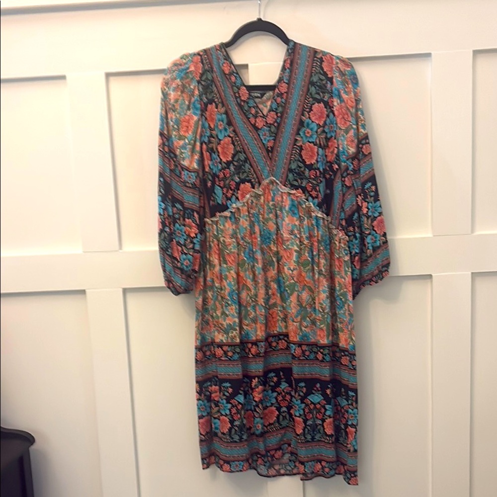 Floral V-Neck Bohemian Midi Dress in Teal & Coral